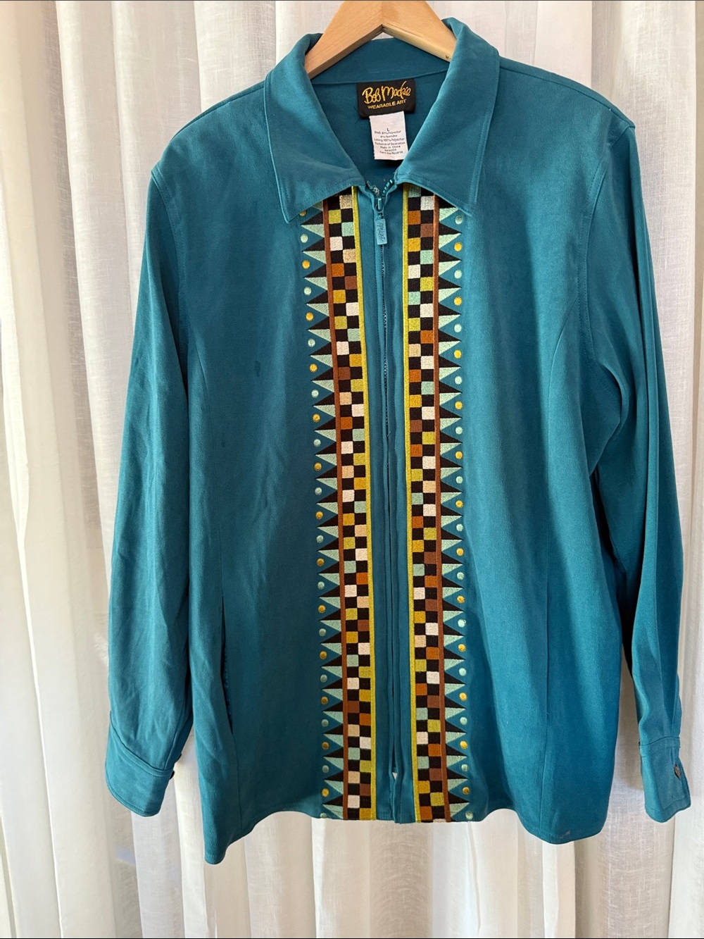 Bob Mackie Teal Zip-Front Jacket with Multicolor Geometric Trim